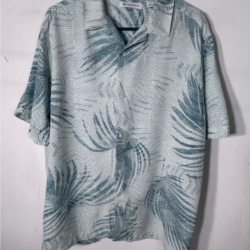 Cubavera Green Palm-Print Short Sleeve Camp Shirt. Pre-Owned.